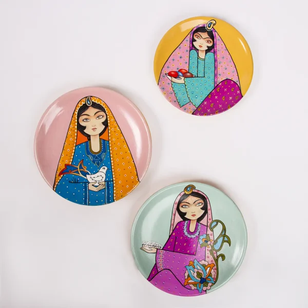 Persian Hand-Painted Ceramic Plate Set – Miniature Khatoon Design