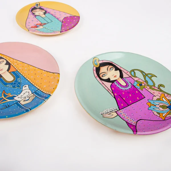 Persian Hand-Painted Ceramic Plate Set – Miniature Khatoon Design