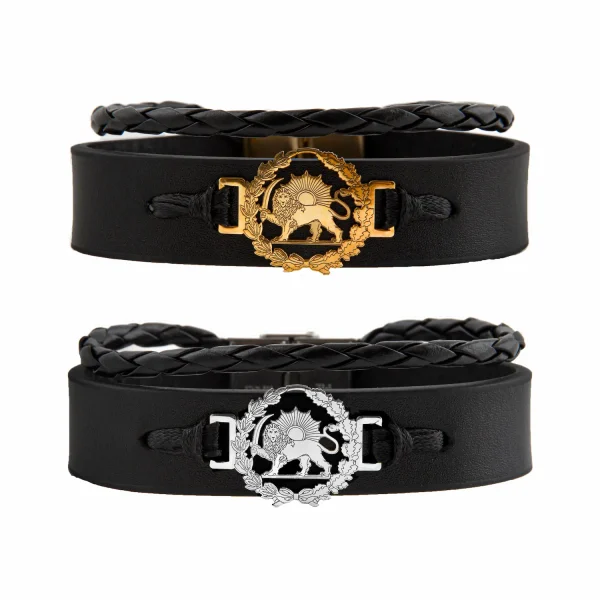 Persian Heritage Lion and Sun Leather Bracelet- Golden and Silver