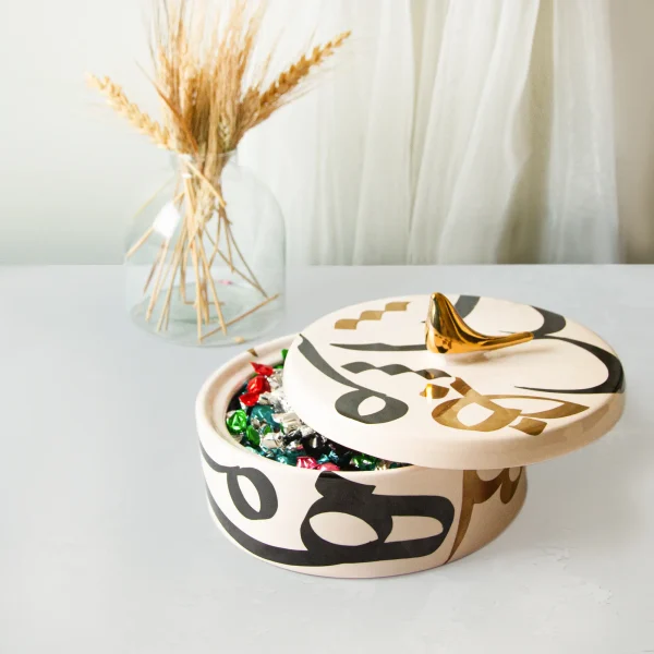 Typographic Ceramic Round Dish – Under-Glaze Painted Ceramic Candy Dish