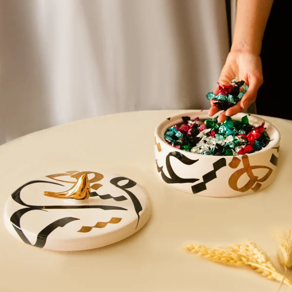 Typographic Ceramic Round Dish – Under-Glaze Painted Ceramic Candy Dish