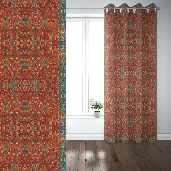 Elegant Red Velvet Curtain Panel – Persian Gabbeh Pattern