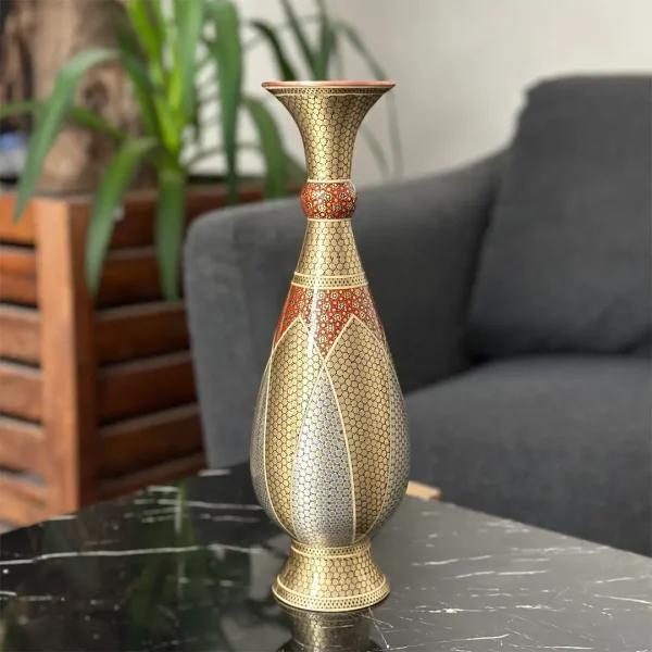 Khatamkari Vase – Brass, Wood, and Bone Inlay Design, 20 cm