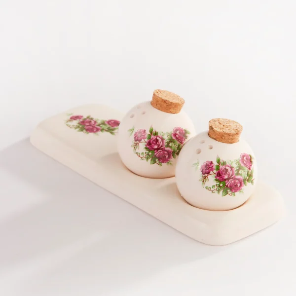 Red Flower Ceramic Salt Shaker Set – Handmade with Stand