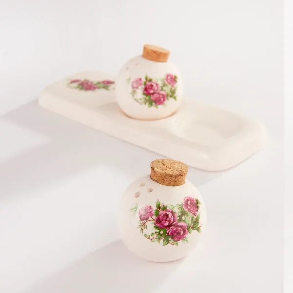 Red Flower Ceramic Salt Shaker Set – Handmade with Stand