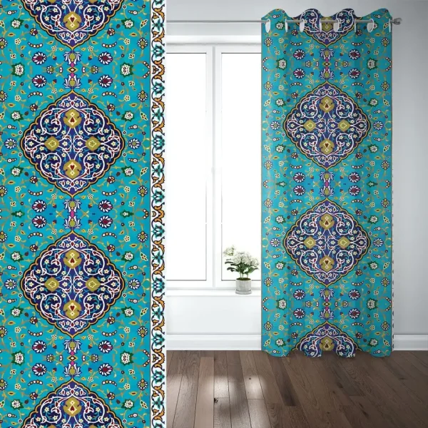 Turquoise Velvet Curtain Panel with Iranian Tile Design