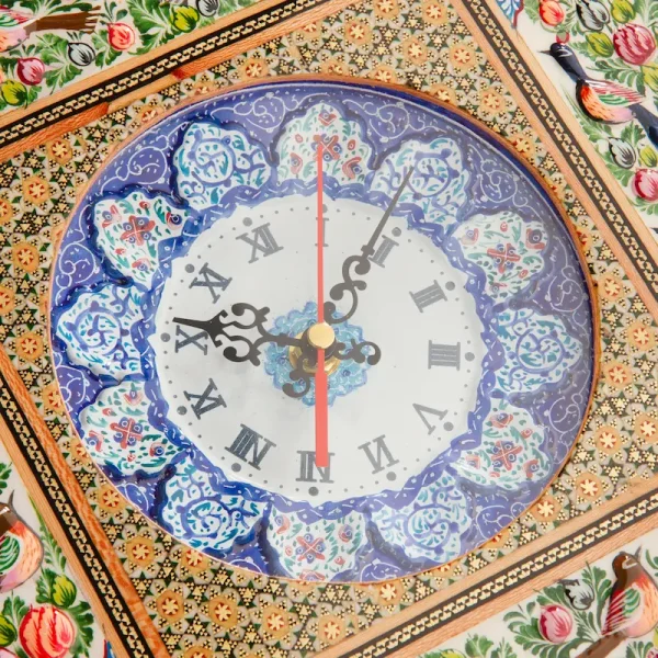 Elegant Floral Bird Khatam and Minakari Clock