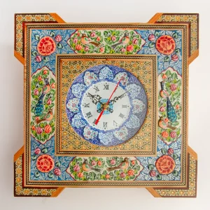 Elegant Floral Bird Khatam and Minakari Clock