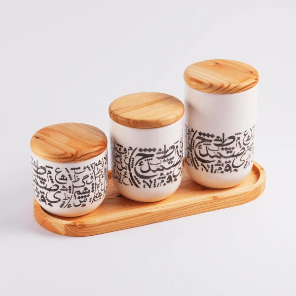 Handcrafted Ceramic Calligraphy Canister Set with Wooden Tray