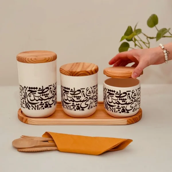 Handcrafted Ceramic Calligraphy Canister Set with Wooden Tray