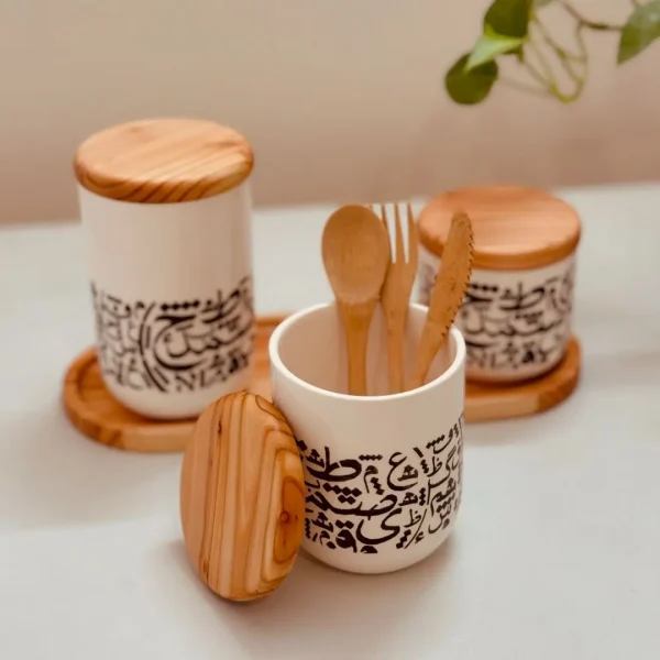 Handcrafted Ceramic Calligraphy Canister Set with Wooden Tray