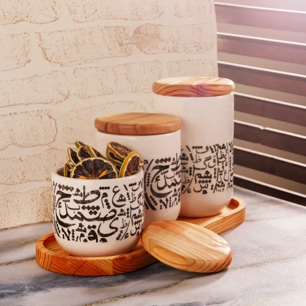 Handcrafted Ceramic Calligraphy Canister Set with Wooden Tray