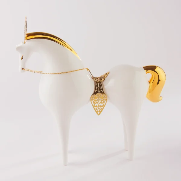 Royal White Ceramic Horse with Golden Crown