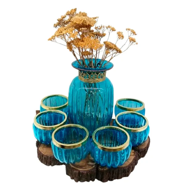 Handcrafted Blue Glass and Brass Haft Seen Set