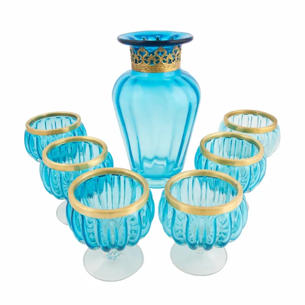 Handcrafted Blue Glass and Brass Haft Seen Set