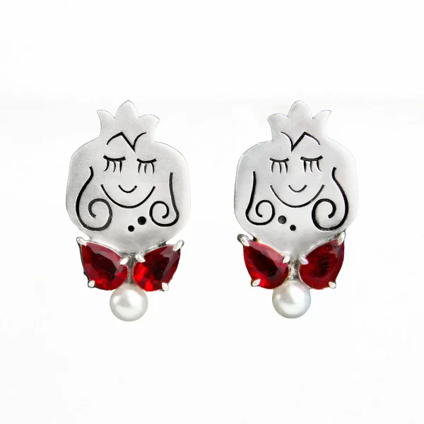 Handcrafted Silver Pomegranate Earrings With Red Gemstones