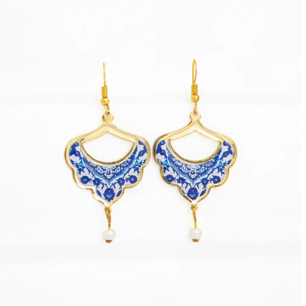 Persian Tile Design  Earrings with Pearl Charm