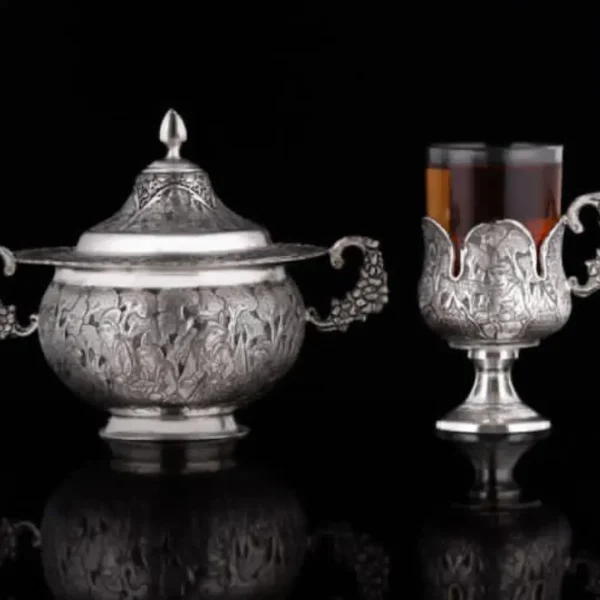 Persian Silver Ghalamzani Art Tea Set