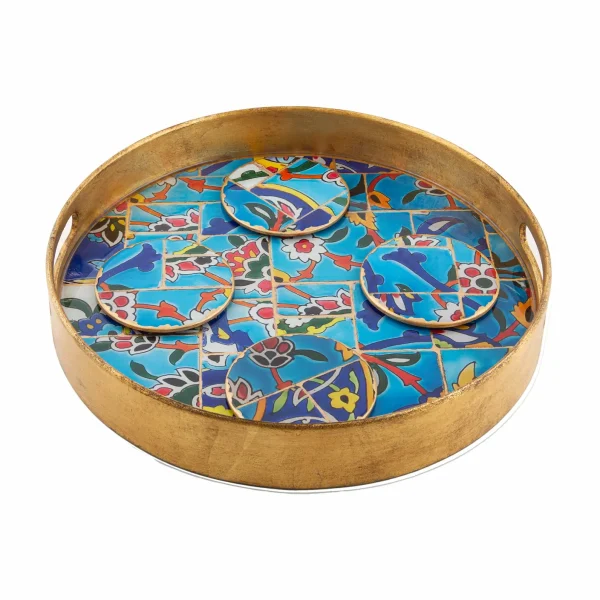 Blue Tile Pattern Wooden Serving Tray and Coaster Set