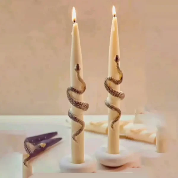 Cream Taper Candle with 1404 Snake Design