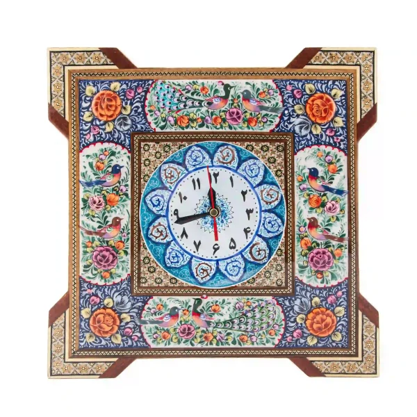 Persian Floral and Bird Khatam and Minakari Clock