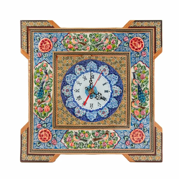 Persian Floral and Bird Khatam and Minakari Clock